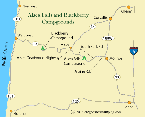 map of Alsea Falls Campground area, including Blackberry Campground, Benton County, OR